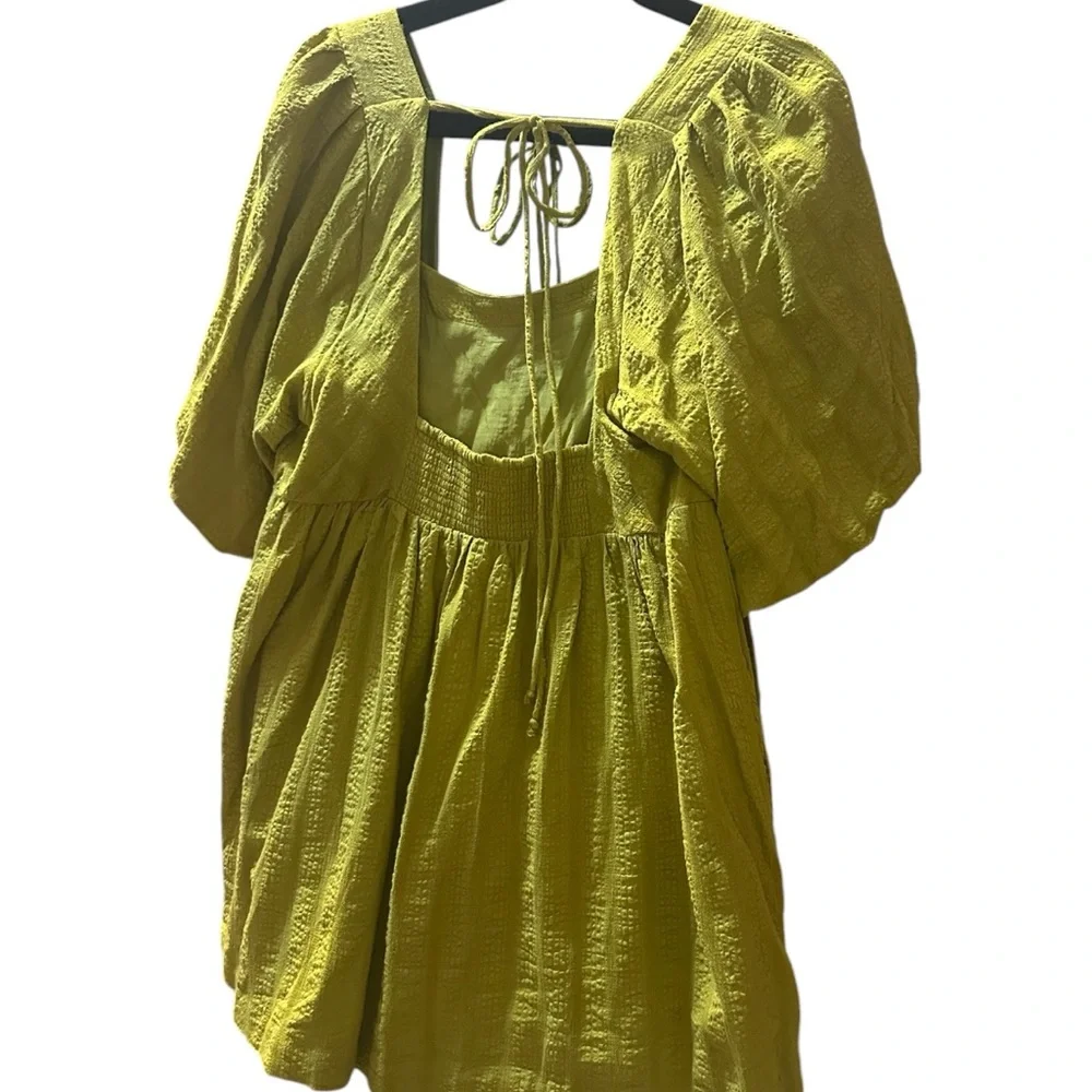 Free People Gigi Blouson Puff Sleeve Tunic Dress Medium Chartreuse Boho Pockets - Picture 4 of 12